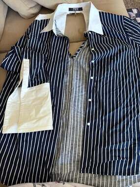 TOV Los Angeles Navy Blue Striped Cotton French Cuff Blouse